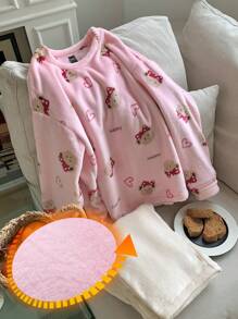 DAZY Cartoon Pattern Flannel Thick Pajama Set - Pink - View 1