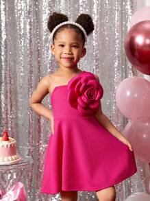 SHEIN SLAYR KIDS Young Girl Lovely Fuchsia 3D Floral One Shoulder Sleeveless Dress, Valentine's Day