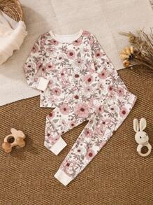 SHEIN 婴儿/女宝宝米色基础花卉印花长袖上衣和紧身裤 2 件套紧身睡衣套装 - 杏色 - 查看 7