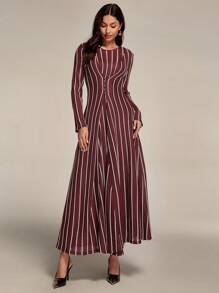 Modelyn Women's Elegant Commuter Striped Waist Dress Long Evening Dresses - Burgundy - View 5