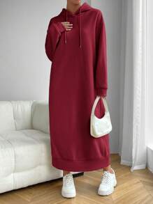 SHEIN Essnce New Year Women's Solid Color Drop Shoulder Long Sleeve Drawstring Hooded Maxi Sweatshirt Dress, Red,Autumn/Winter - Burgundy - View 4