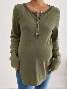 SHEIN Maternity Solid Color Round Neck Long Sleeve Button Half Placket Casual T-Shirt For Autumn