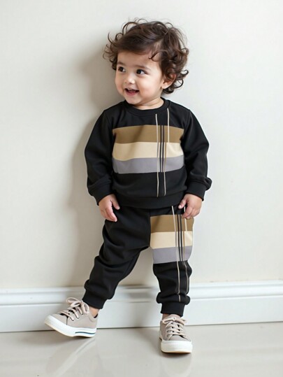 SHEIN 2pcs Vintage Striped Print Loose Fit Baby Boys Casual Long Sleeve Round Neck Sweatshirt & Sweatpants Set, Fall/Winter