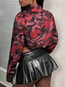 Slaydiva Autumn And Winter New Casual Young Street Lapel Long Pocket Webbing Decoration Long Sleeve Camouflage Print Truncated Women's Jacket-AA - Burgundy - View 2