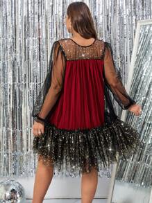 SHEIN Clasi Gaun Pesta Bergaya Ukuran Plus dengan Detail Jala Berkilau Emas - Merah - View 2