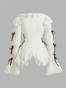 SHEIN MOD Casual Solid Color Ruffle Trim Bell Sleeve Bow Decor Ladies Shirt - Apricot - View 2