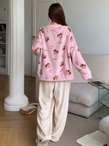 DAZY Cartoon Pattern Flannel Thick Pajama Set - Pink - View 2