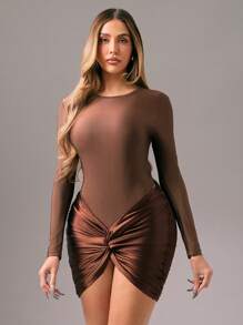 Zolique 2pcs/Set Women Solid Color Round Neck Long Sleeve Top And Casual Mini Skirt Fall Cloth For Women