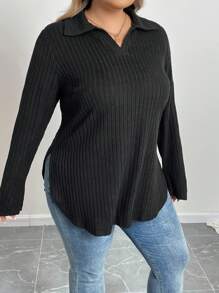 SHEIN CURVE+ Plus Size Women's Black Polo Collar Fitted Long Sleeve Casual Basic Polo Shirt-C