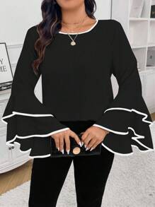 Rometta Plus Size Elegant Contrast Piping Ruffle Sleeve Shirt , Bell Sleeve Top Fall Cloth For Women - Black - View 3