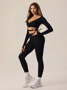 Lifespree 女式无缝高弹力系带长袖上衣和长裤套装 - 黑色 - 查看 6