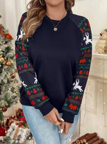 SHEIN VCAY Plus-Size Autumn And Winter Long Sleeve Warm Plus Size Christmas Print Sweatshirt, Christmas Outfit, Outing And Party Wear, Casual Clothing, Sleeve-Print Warm Sweatshirt