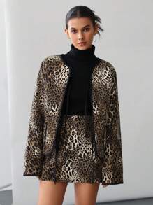 Aveloria Affinna Veste à manches longues avec poches, style rue décontracté moderne, empiècement de couleur noir, imprimé léopard, fermoir devant + Jupe 2 pièces, tenue automne pour femmes