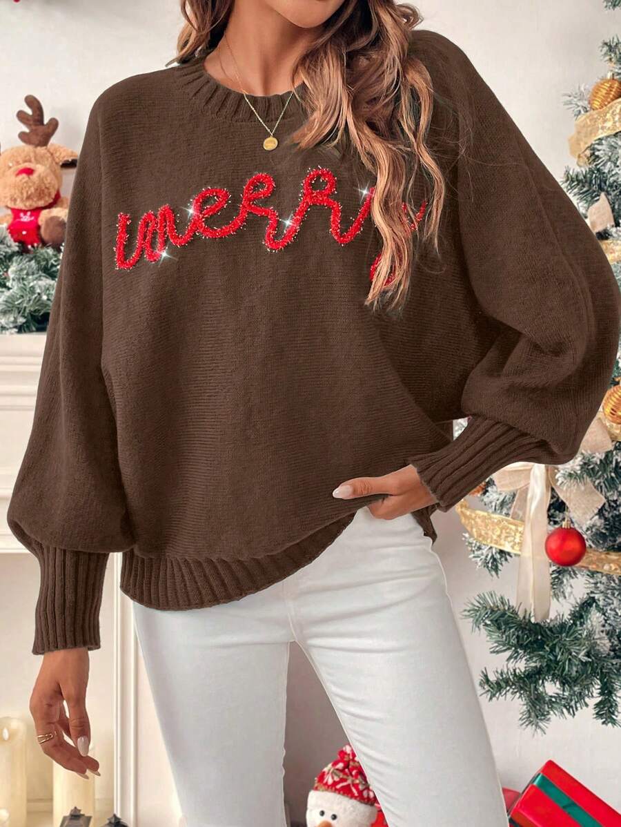SHEIN LUNE Neue Ankunft Kontrast Farbe Buchstaben Muster Weihnachtspullover, modisch locker sitzender Stehkragenpullover für Frauen, Herbst/Winter Strickpullover Herbstpullover - Kaffeebraun - Übersicht 1