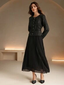 Anewsta Women Long Sleeve Patchwork 2 In 1 Pleated Dress - Black - View 5
