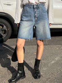 DAZY Women's Frayed Hem Button Design Denim Shorts Jorts - Medium Wash - View 2