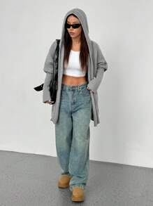 Flirla Women Solid Color Bat Sleeve Loose Casual Hooded Cardigan, Versatile For Autumn/Winter