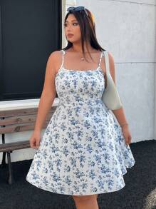Celure Plus Size Women's Elegant Ditsy Floral Spaghetti Strap Ruched Bodice Bowknot Strap Fit And Flare Dress, For Summer, Easter Dress