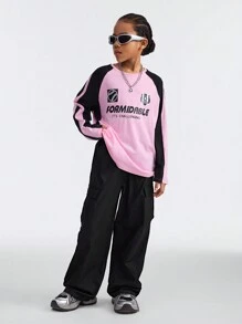 SHEIN Pantalones cargo negros lisos y cómodos para niñas preadolescentes en primavera/verano
