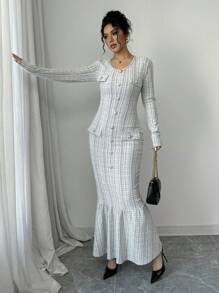 Elenzga Đầm Maxi thanh lịch dài tay kẻ caro viền đuôi cá thời trang thu đông cho nữ - Nhiều màu - Xem 5
