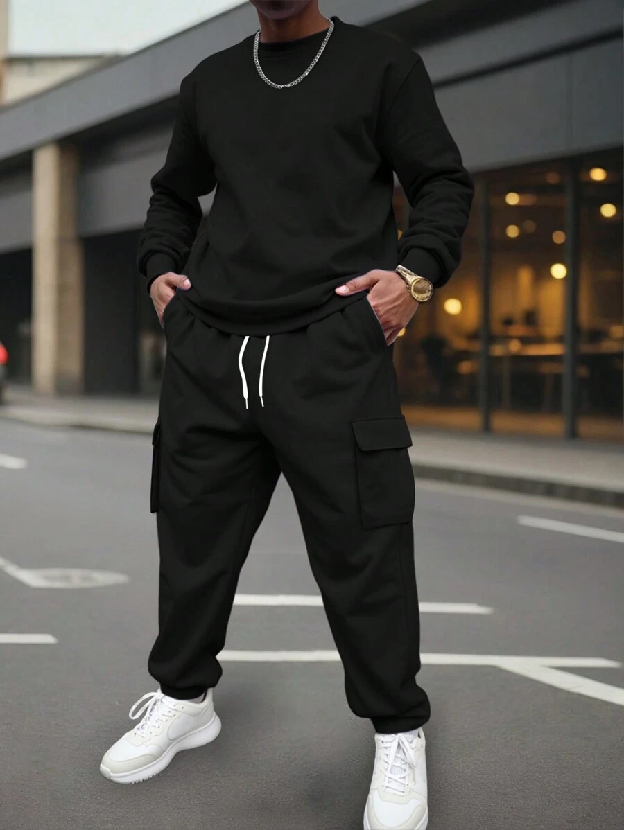 Manfinity Homme Men's Solid Color Crewneck Long Sleeve Sweatshirt And Drawstring Waist Cargo Pants Casual 2 Pieces Set, Autumn/Winter, Men Sweatsuit Set, Men 2 Pieces Set Black, Cargo Pants