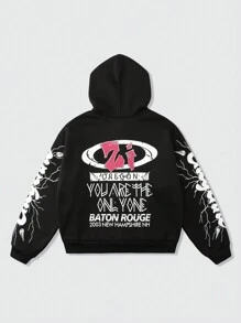 ROMWE MEN Street Life Sudadera suelta con capucha con estampado de letras y labios para hombres, otoño/invierno