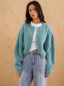 Forever 21 女士冬季服装 O 型领休闲针织开衫，冬季新款女士毛衣新年女装 - 水鴨藍 - 查看 5