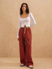 Forever 21 女士豹纹条纹拼布口袋宽松直筒休闲裤 - 彩色 - 查看 4