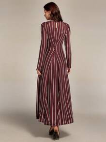 Modelyn Women's Elegant Commuter Striped Waist Dress Long Evening Dresses - Burgundy - View 3