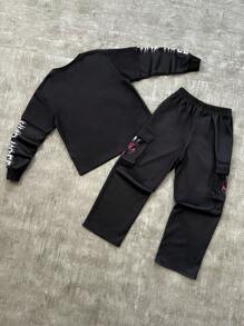 SHEIN Leap Crew 青少年男孩宽松休闲运动圆领图案长袖 T 恤和运动裤 2 件套 - 黑色 - 查看 2
