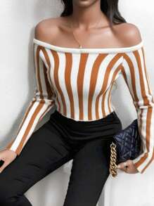 Zolique Women's Knitted Long Sleeve Off Shoulder Sweater, Sexy, Slim Fit, Friends Gathering, Casual, Comfortable, Basic Travel Party, Autumn And Winter Fall - Apricot - View 4