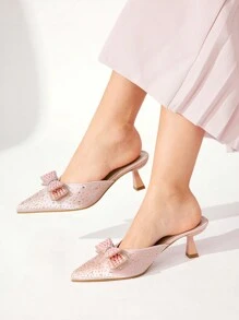 CUCCOO CHICEST Pointed-Toe Square Block Heel Faux Silk Rhinestone Butterfly Decor Easy Slip-On Comfortable Summer Everyday & Formal Women High Heels For Christmas And New Year Holiday Vibe Fall And Winter - Pink - View 1