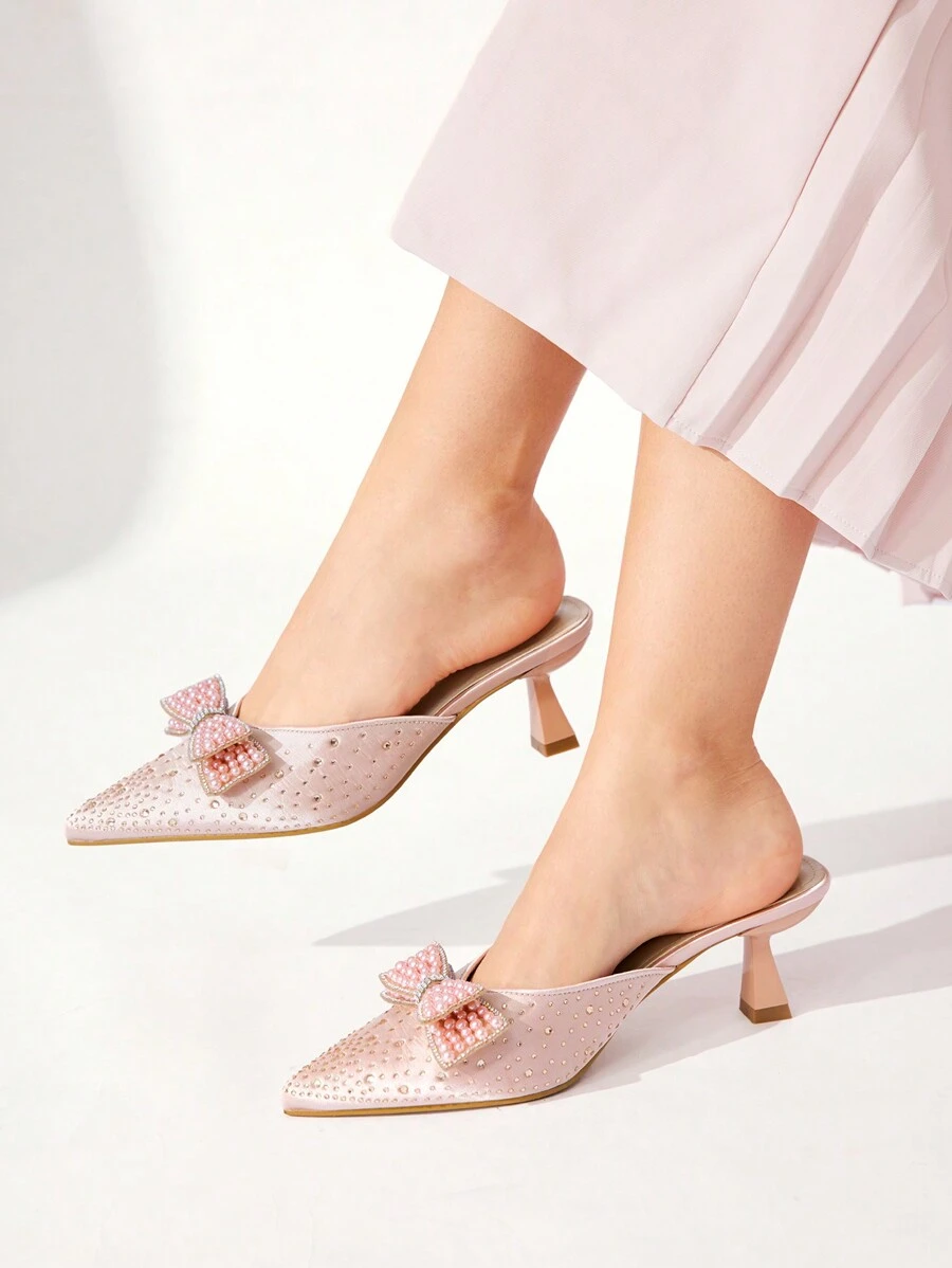 CUCCOO CHICEST Pointed-Toe Square Block Heel Faux Silk Rhinestone Butterfly Decor Easy Slip-On Comfortable Summer Everyday & Formal Women High Heels For Christmas And New Year Holiday Vibe Fall And Winter - Pink - View 1