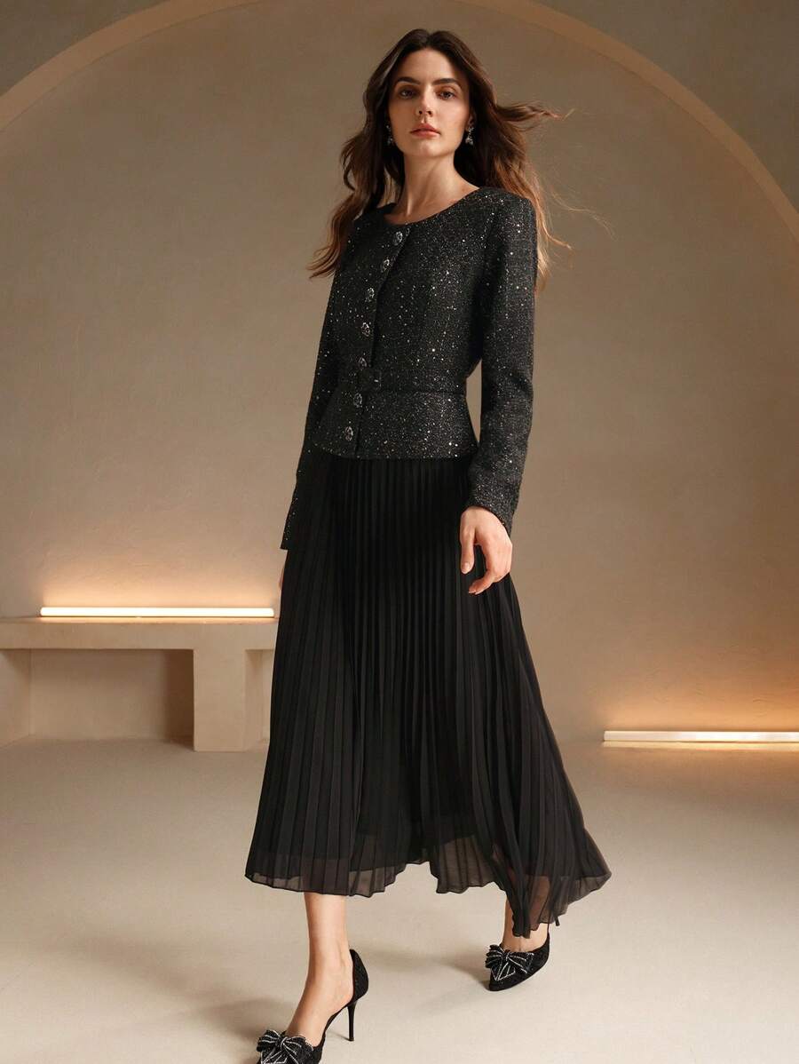 Anewsta Women Long Sleeve Patchwork 2 In 1 Pleated Dress - Black - View 1