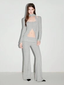 SHEIN Unity 2 件套女士休闲简约舒适花卉图案纹理圆领长袖上衣和高腰直筒裤套装，秋冬 - 灰色 - 查看 3