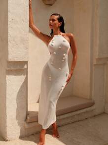 SHEIN Swim Vestido de verano con cuello halter y espalda abierta de ganchillo para mujer