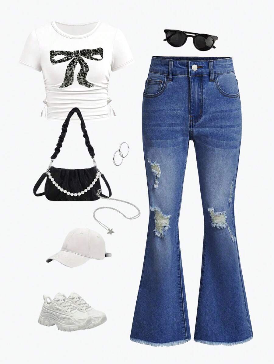 SHEIN Tween Girl Ripped Raw Hem Flare Leg Jeans - Dark Wash - View 1