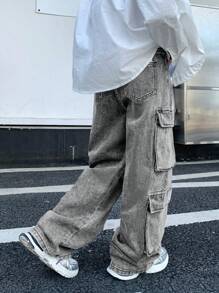 SHEIN Tween Boy Fashion Casual Black Baggy Straight-Leg Cargo Jeans For Dailywear And Fall Clothes