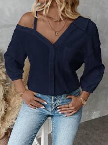 SHEIN Essnce 女装春秋纯色不对称领落肩宽松休闲衬衫春夏新款时尚街头风格休闲不对称肩衬衫 - 藏蓝色 - 查看 6