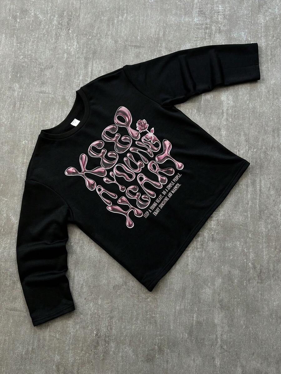 SHEIN Tween Girls' Loose Casual Graphic Print Round Neck Long Sleeve T-Shirt - Black - View 1