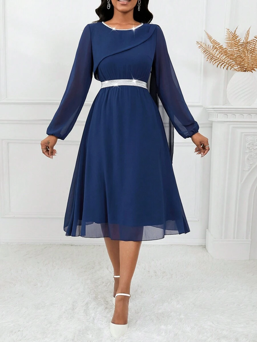 SHEIN Unity Women's Simple Patchwork Sequined Ribbon Decor Round Neck Lantern Sleeve A-Line Dress For CommutingParty Maxi Women Outfit - Blue - View 1