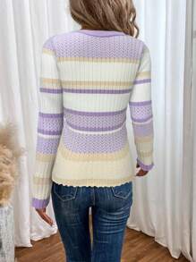 SHEIN LUNE Áo len dệt kim bó sát sọc màu tương phản, thường ngày cho mùa thu/đông - Nhiều màu - Xem 2