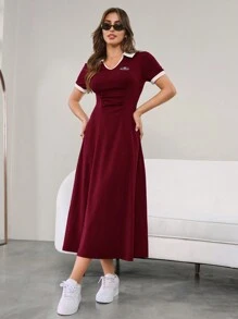 Mulvari 女士休闲撞色修腰短袖连衣裙 - 酒紅色 - 查看 6