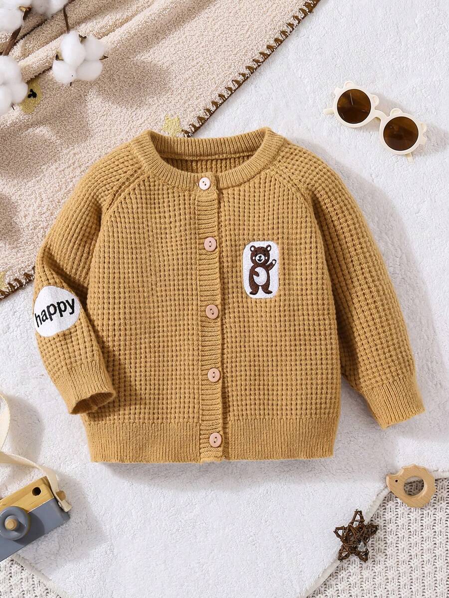 Áo len cardigan họa tiết gấu hoạt hình dệt kim cho bé trai, rất thích hợp để mặc vào mùa thu/đông, đặc biệt là khi đi học - Màu Khaki - Xem 1