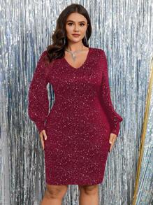 SHEIN Clasi Women Plus Size Lace Patchwork V-Neck Backless Sequin Dress - Red - View 4