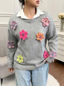 Calvaya Plus Size Women Loose Drop Shoulder Long Sleeve Casual Handmade Patchwork Flower Pattern Pullover Sweater, Grey, For Winter Knit Pullover Fall - Dark Grey - View 6
