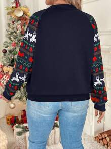 SHEIN VCAY Plus-Size Autumn And Winter Long Sleeve Warm Plus Size Christmas Print Sweatshirt, Christmas Outfit, Outing And Party Wear, Casual Clothing, Sleeve-Print Warm Sweatshirt