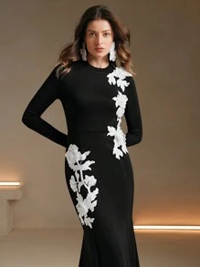 Anewsta 秋冬蕾丝刺绣花卉装饰长裙超长女装