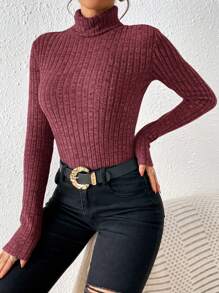 SHEIN Essnce Women High Neck Ribbed Long Sleeve Fitted T-Shirt, Solid Color, Autumn/Winter