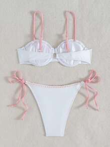 SHEIN Swim بيكيني أبيض قطعتين للنساء مجموعة ذات علوي بانديو وسراويل ربطة بالجانب، ملابس شاطئ بيكيني جميلة - متعدد الألوان - مشاهدة 4